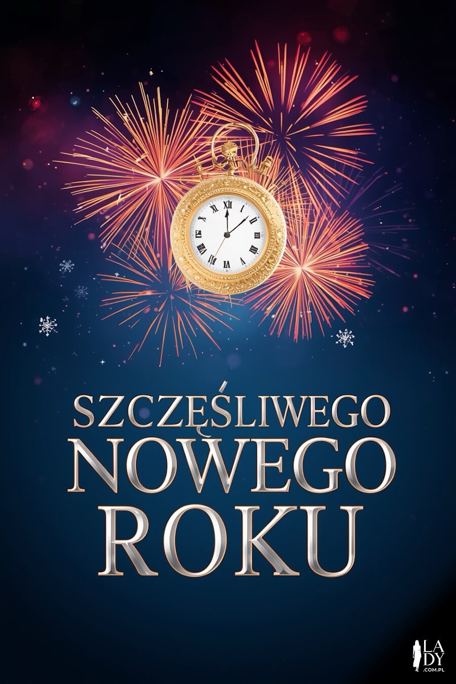 Sylwestrowa kartka, zegarek i fajerwerki na niebie, z życzeniami: Szczęśliwego Nowego Roku