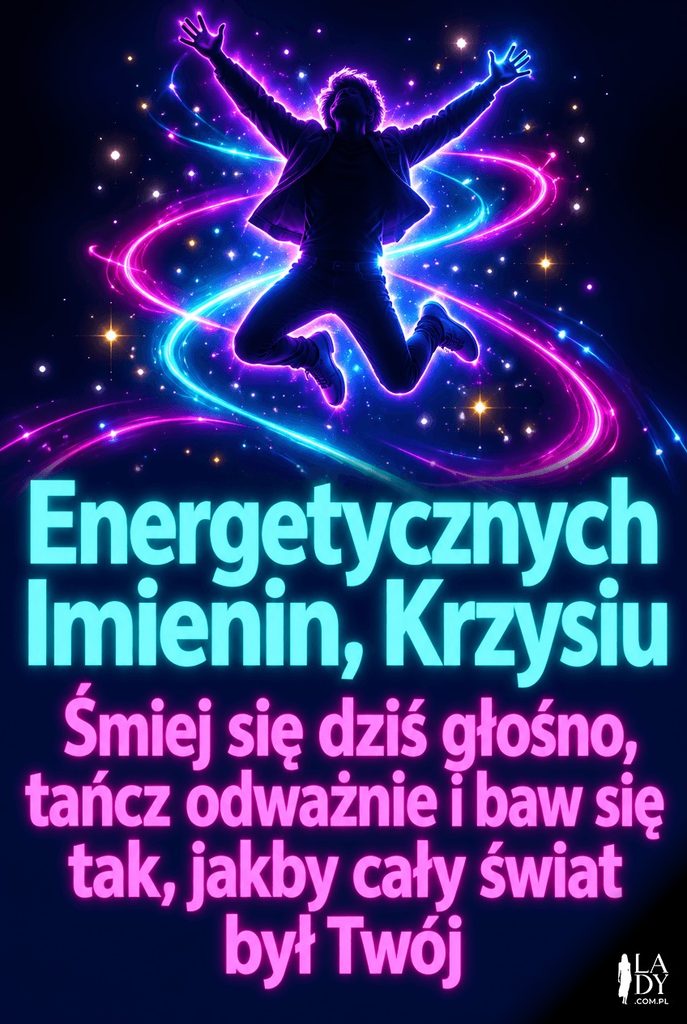Świetlista sylwetka w radosnym skoku otoczona neonowymi smugami, energetyczne życzenia imieninowe dla Krzysia