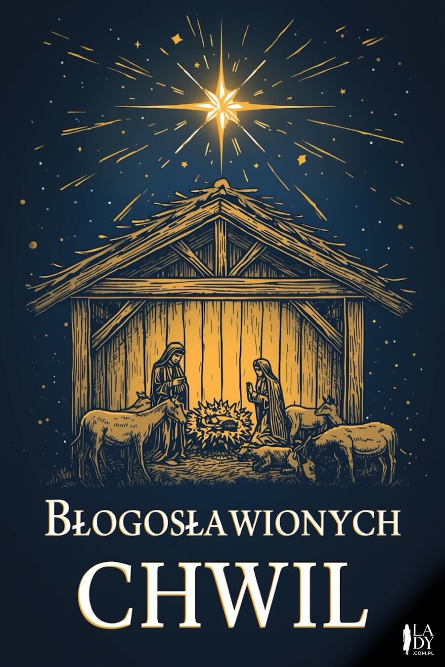 Żywa szopka z gwiazdą nocą, Józef, Maria i Jezusek oraz zwierzęta,  z pozdrowieniami: Błogosławionych chwil