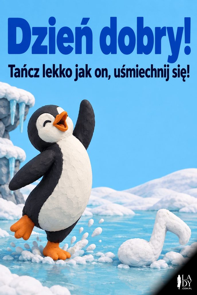 Plastelinowa ilustracja tańczącego pingwina na lodzie z krótkim, wesołym życzeniem dobrego dnia.