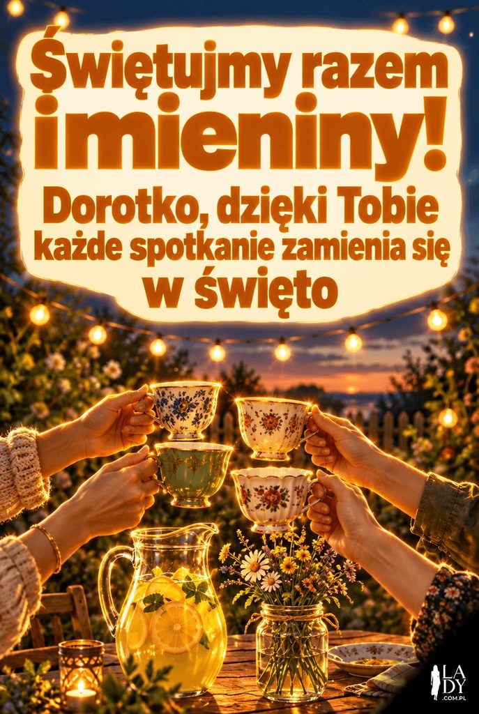 Kartka imieninowa z toastem przyjaciół unoszących filiżanki w ogrodzie o zmierzchu dla Doroty