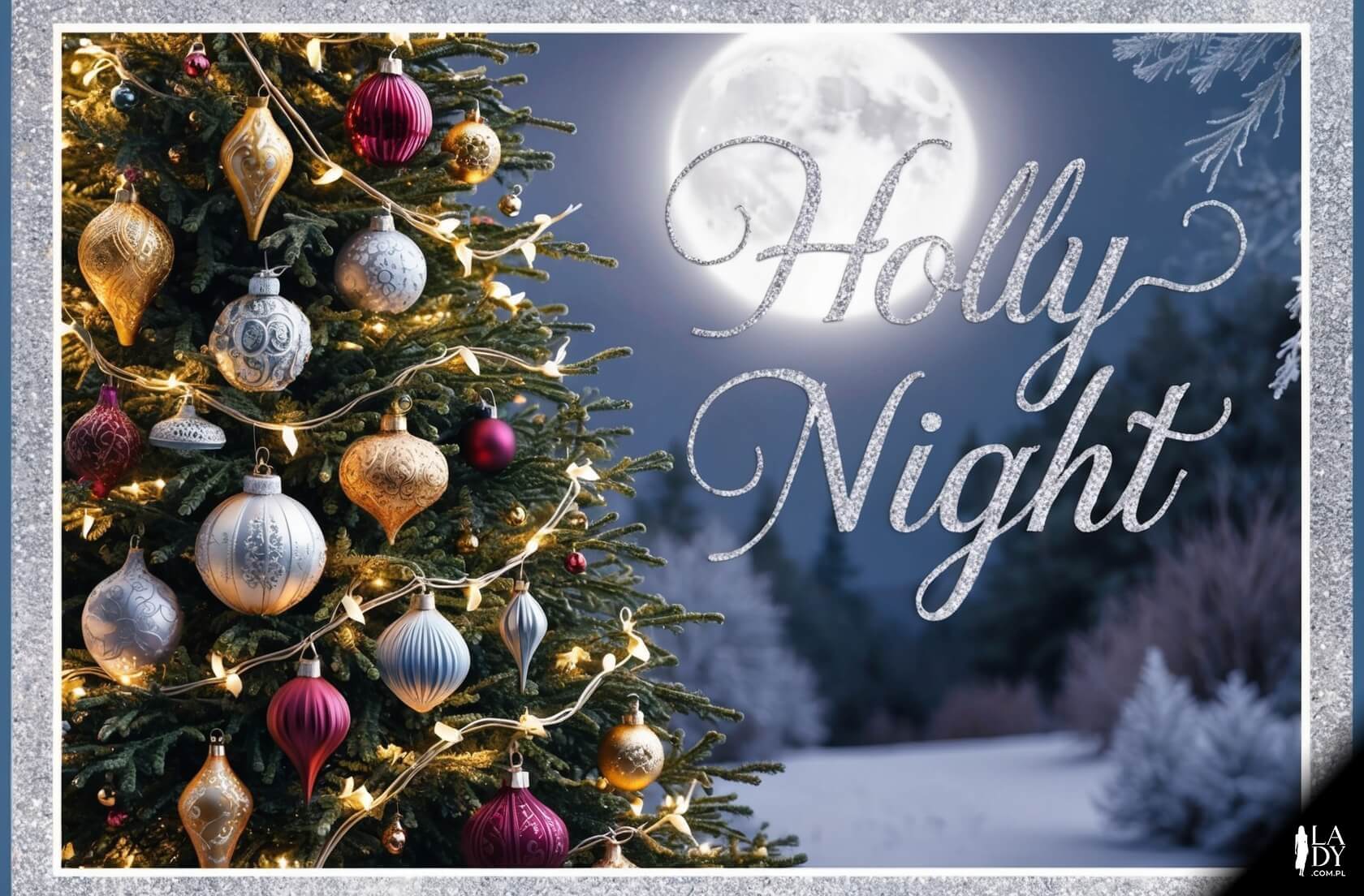 Tradycyjna kartka świąteczna z choinką ozdobioną vintage'owymi bombkami i migoczącymi światełkami na tle śnieżnego wieczoru