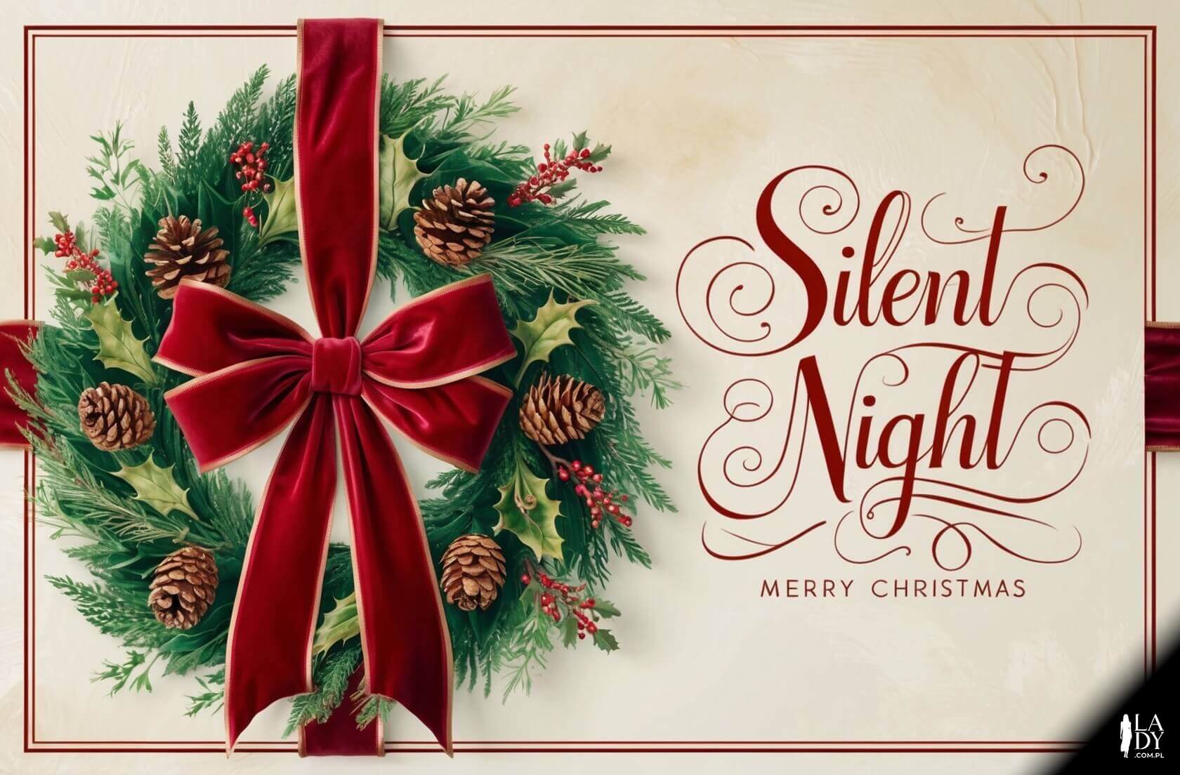 Świąteczna kartka z tradycyjnym wieńcem ozdobionym czerwoną wstążką na kremowym tle