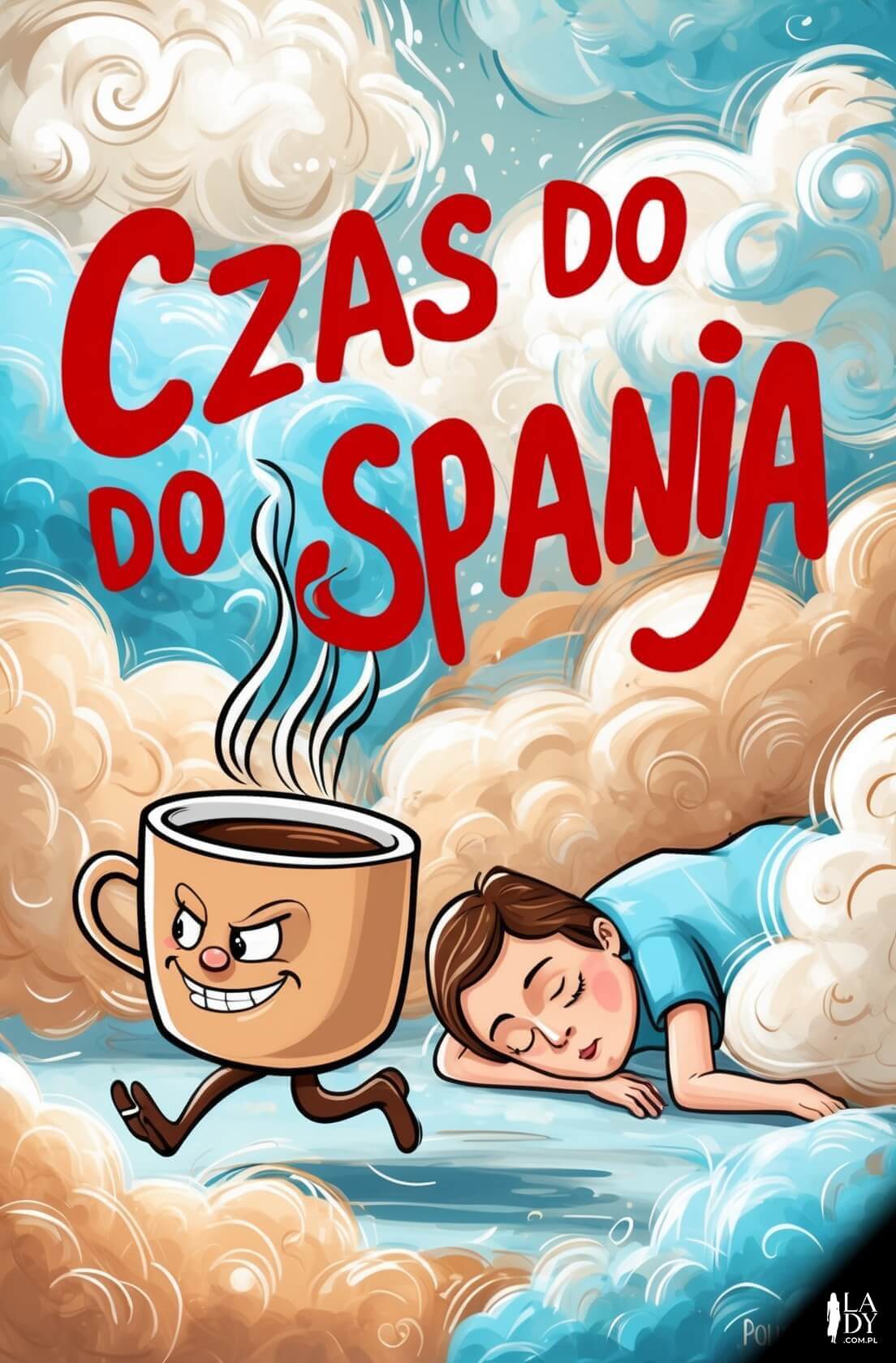 Zwariowana kartka na dobranoc z filiżanką kawy goniącą śpiącą osobę