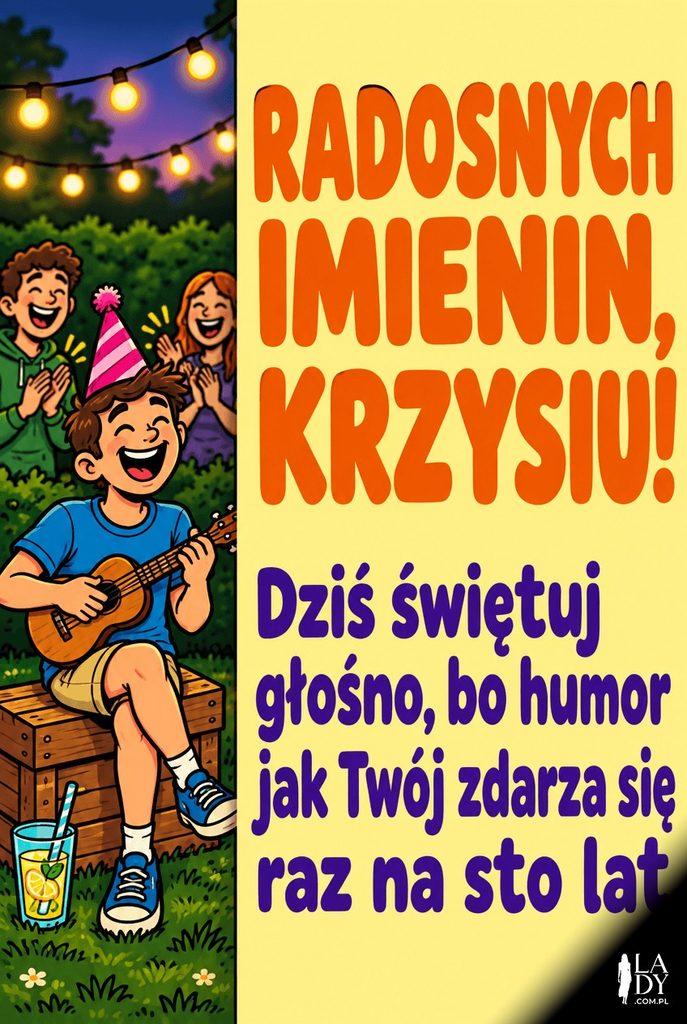 Kreskówkowa postać grająca na ukulele w ogrodzie wśród świateł, radosne życzenia imieninowe dla Krzysia