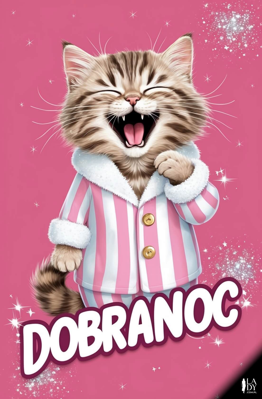 Urocza kartka na dobranoc z ziewającym kotkiem w piżamie