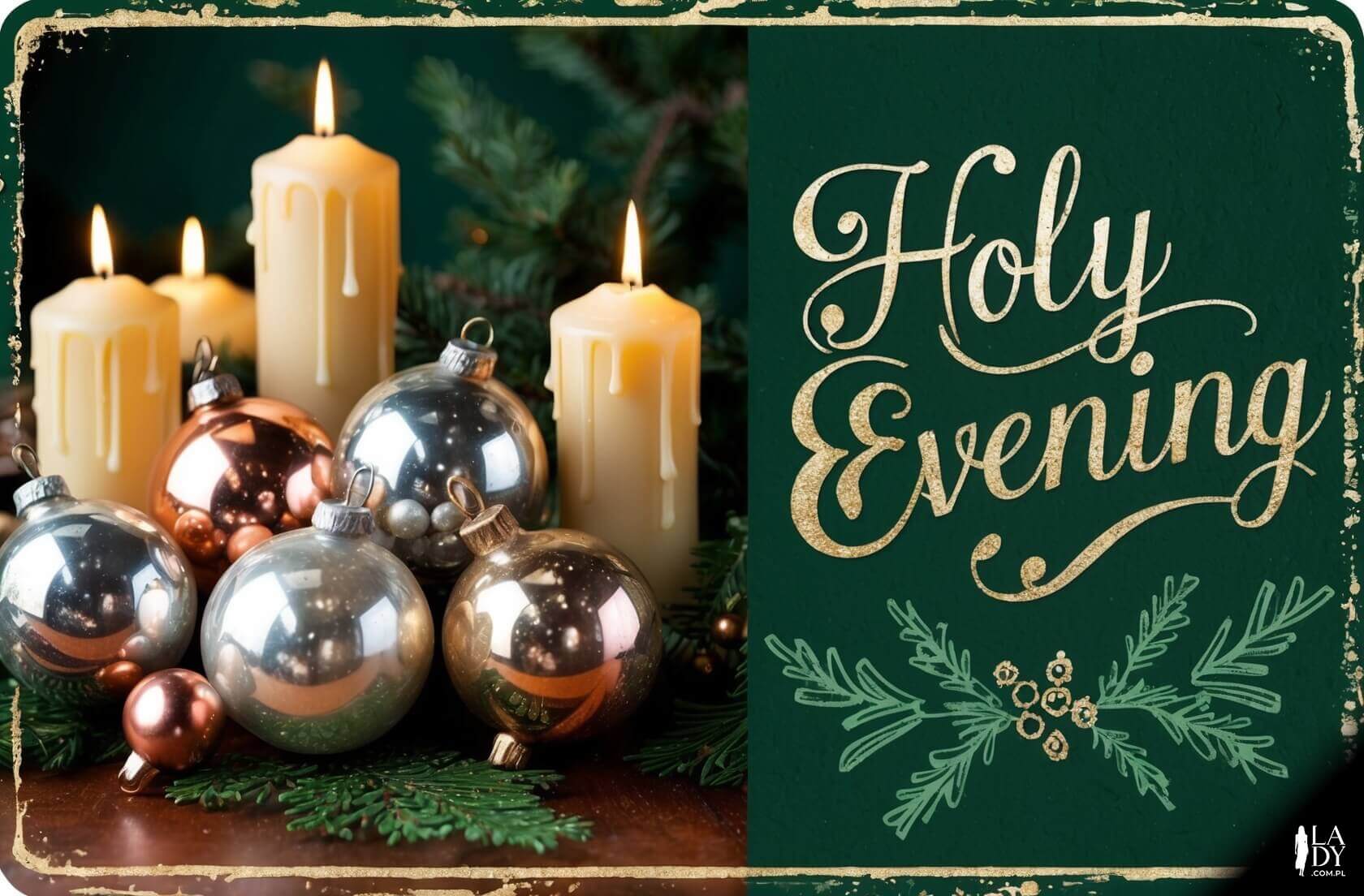 Przytulna kartka świąteczna z vintage'owymi bombkami i świecami na ciemnozielonym tle