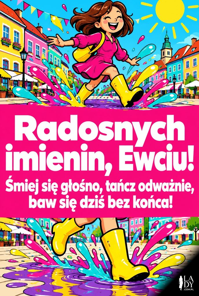 Kolorowa, żartobliwa kartka imieninowa dla Ewy z postacią biegnącą przez kałużę farby i życzeniami „Radosnych imienin, Ewciu!".