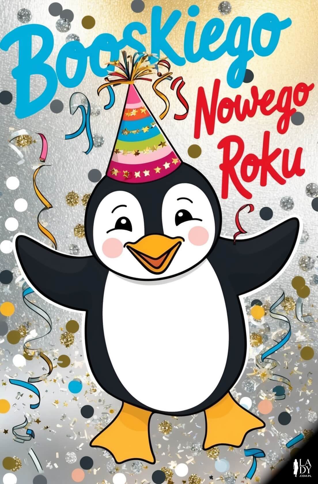 Wesoła kartka noworoczna z pingwinem w czapeczce