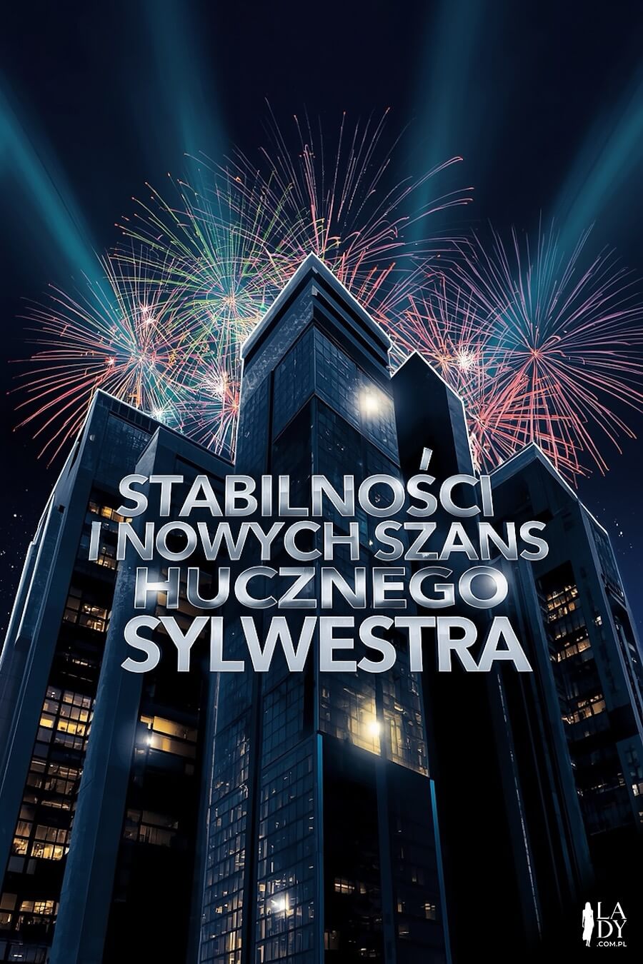 Ekskluzywna ilustracja firmowa do wysłania z okazji Nowego Roku, wieżowce w mieście ze sztucznymi ogniami na niebie, z napisem: Stabilności i nowych szans, hucznego sylwestra