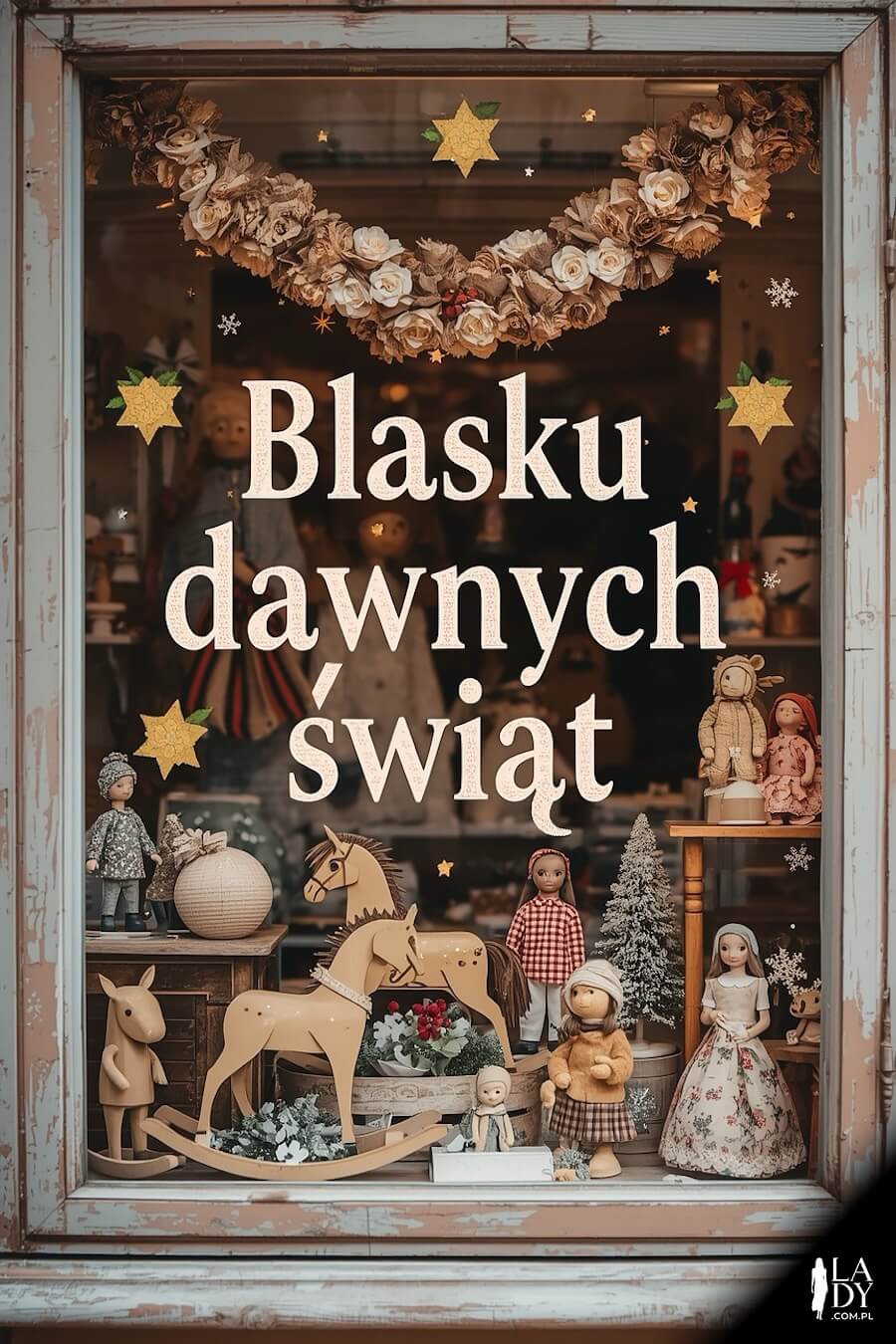 Stara witryna sklepu ze świątecznymi dekoracjami i ozdobami, z przesłaniem: Blasku dawnych świąt