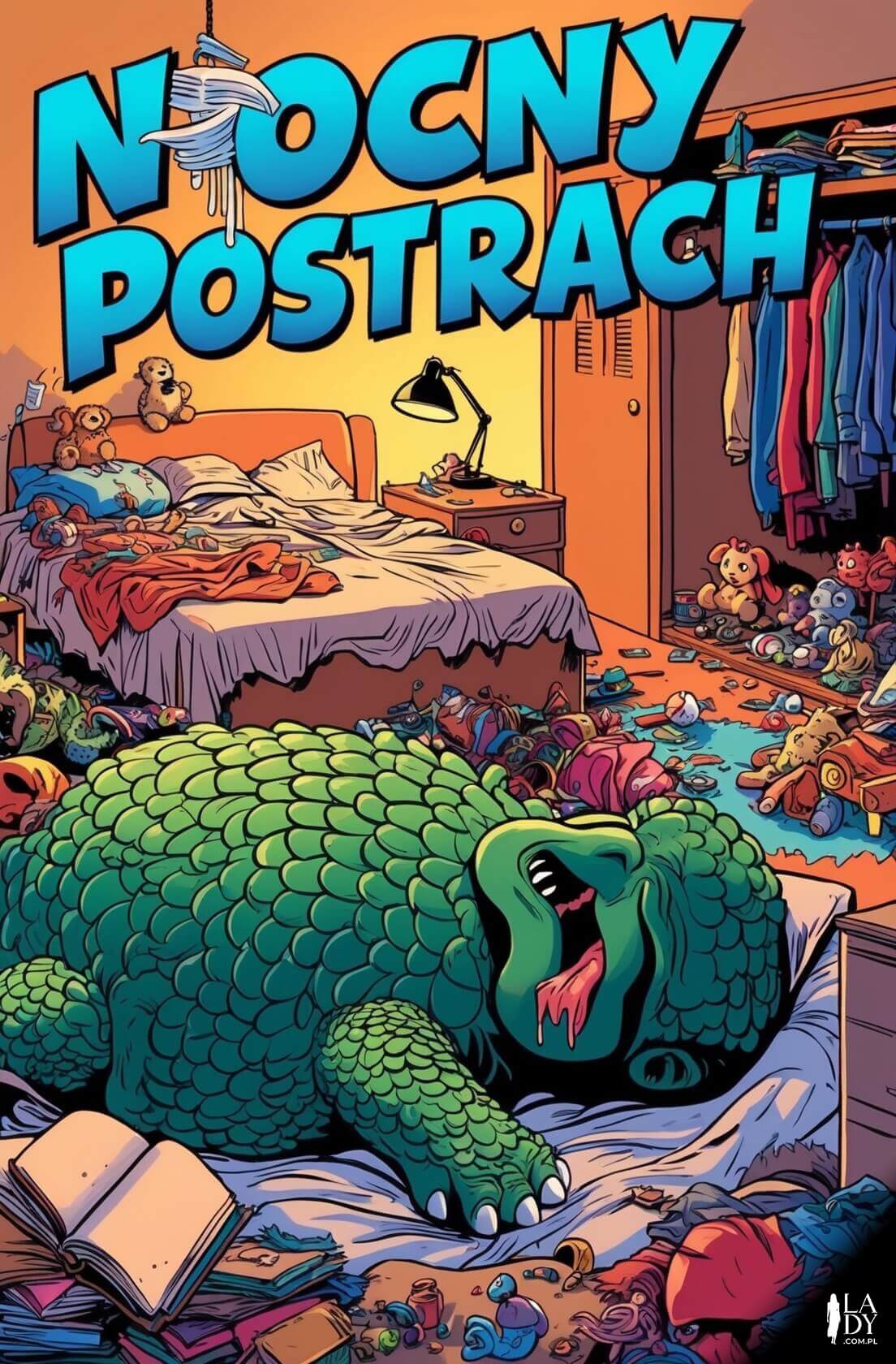 Zabawna kartka na dobranoc z chrapiącym potworem pod łóżkiem