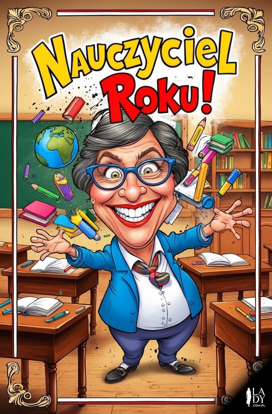 Śmieszna kartka dla nauczycielki z napisem: Nauczyciel roku