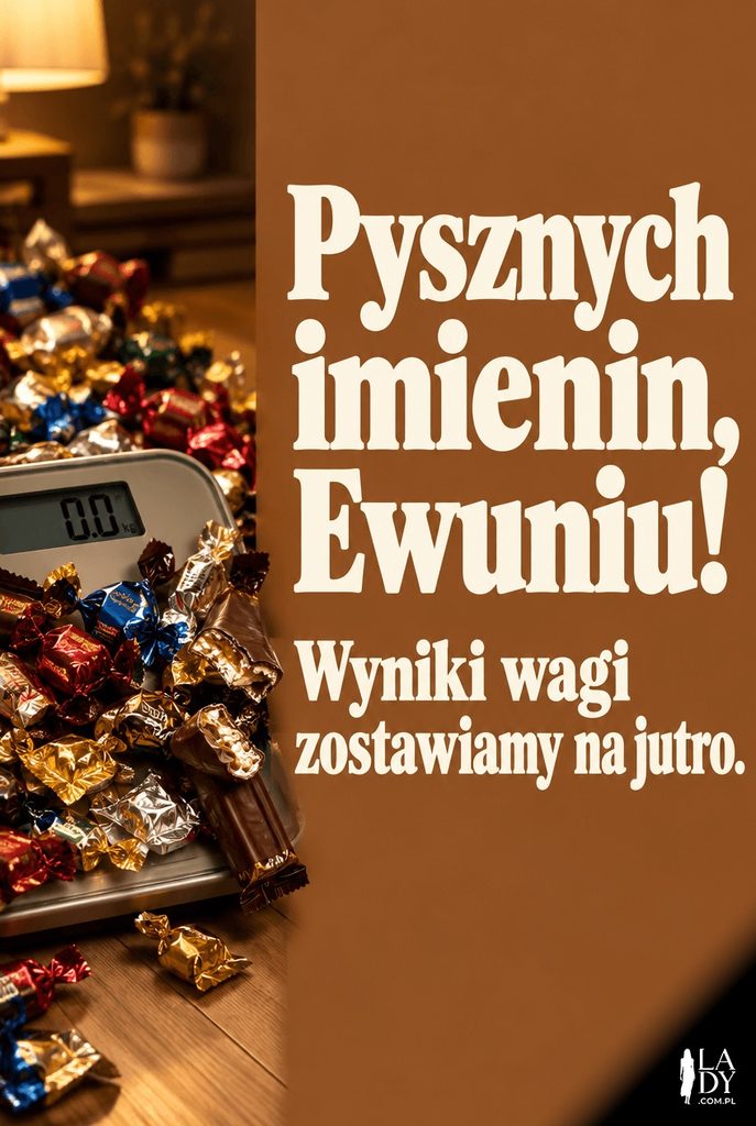 Humorystyczna kartka imieninowa dla Ewy z wagą łazienkową otoczoną papierkami po czekoladkach, z napisem „Pysznych imienin, Ewuniu!".