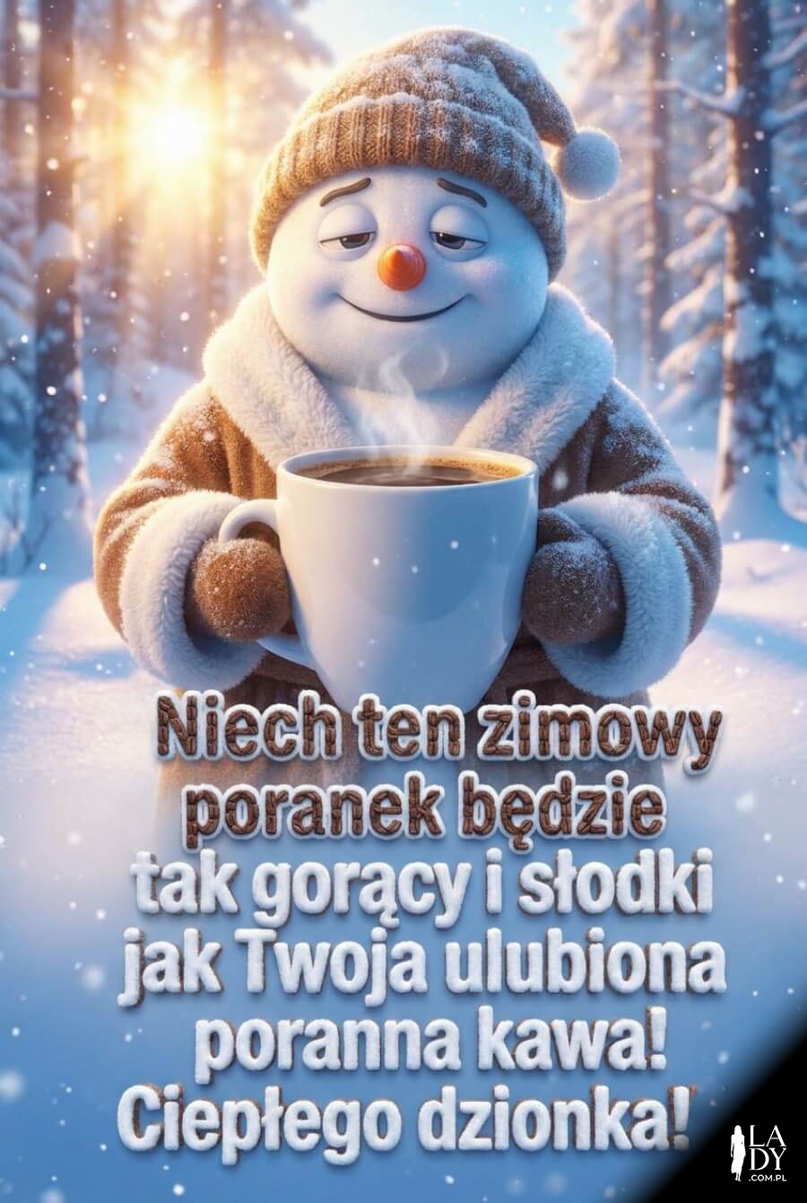 Zabawny bałwan w szlafroku pije kawę w słoneczny poranek z wkomponowanym napisem o słodkiej kawie
