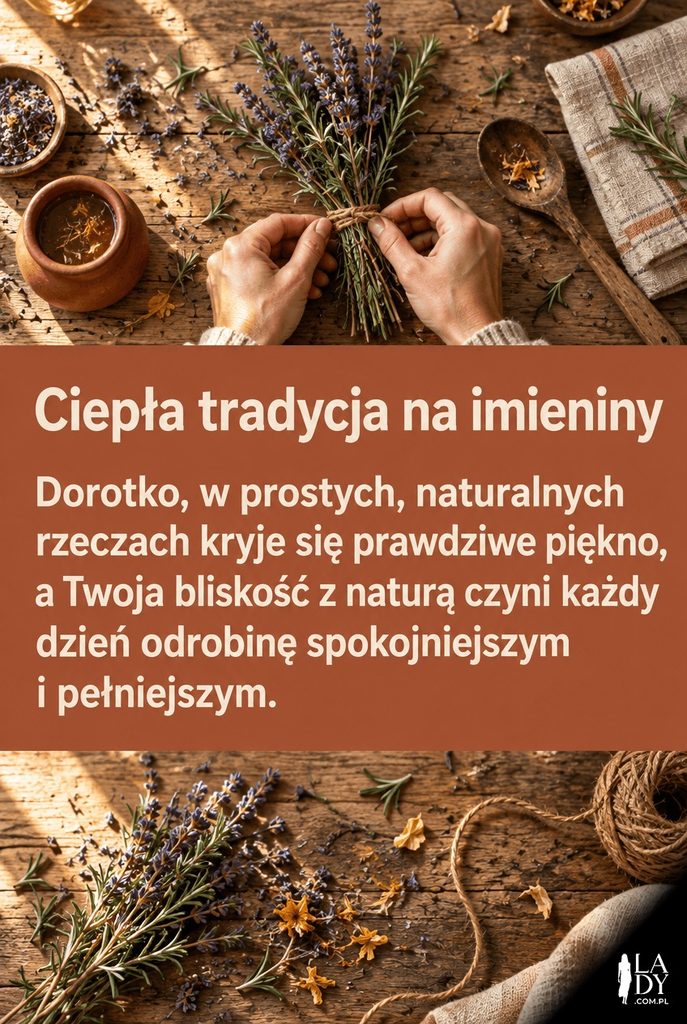 Rustykalna kartka imieninowa z widokiem z góry na wiązankę suszonych ziół dla Doroty