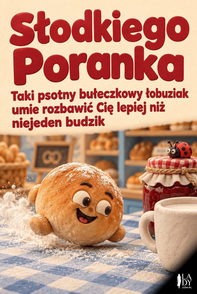 Plastelinowa ilustracja uroczej bułeczki toczącej się po ladzie piekarni w stronę kubka mleka, z życzeniami słodkiego poranka.