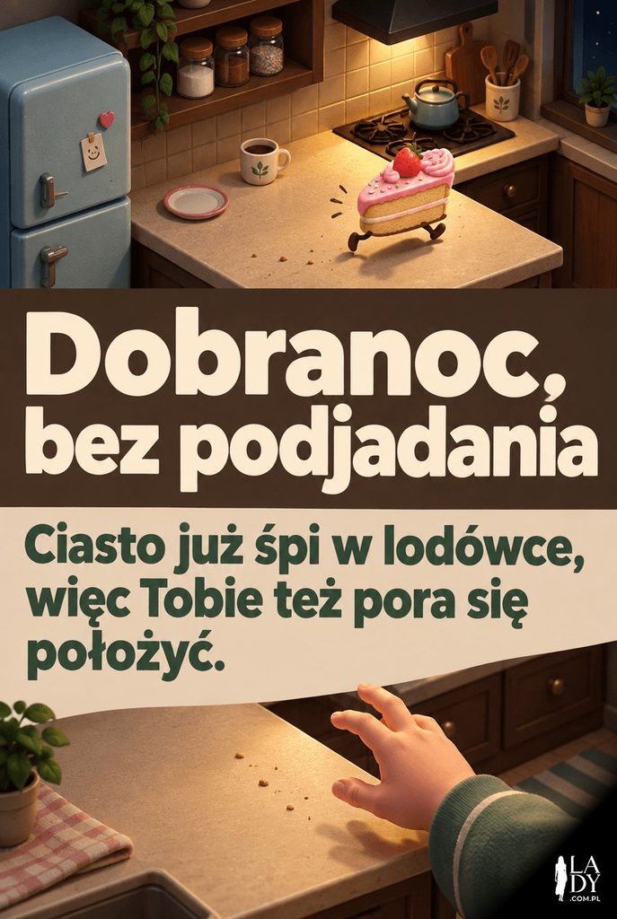 Izometryczna miniatura kuchni z uciekającym kawałkiem ciasta, z napisem „Dobranoc, bez podjadania".