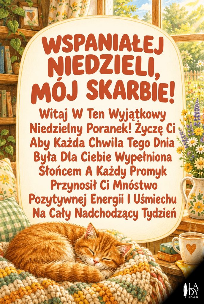 Ilustracja narracyjna z rudym kotem śpiącym na kocyku oraz obszernym panelem życzeń niedzielnych