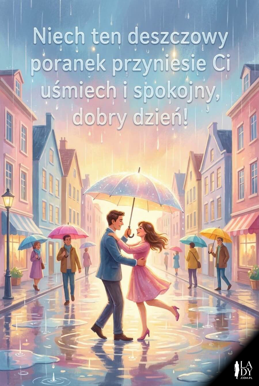 Kartka z jasnym deszczowym porankiem, miastem, parasolami i pogodnymi życzeniami na dzień dobry