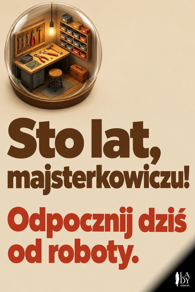 Izometryczna diorama warsztatu w kształcie koła, minimalistyczna kartka urodzinowa dla majsterkowicza