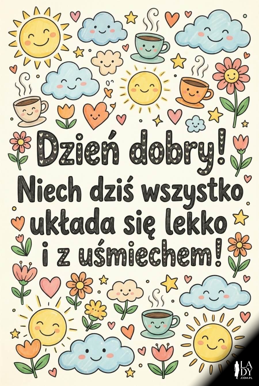 Kartka w stylu doodle art z radosnymi rysunkami i życzeniami na dobry początek dnia
