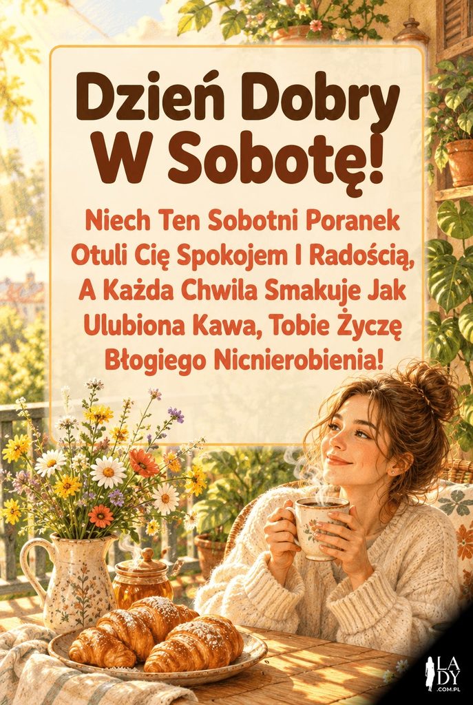 Kartka z życzeniami na sobotę przedstawiająca kobietę z kawą na słonecznym balkonie i napisem z życzeniami spokojnego poranka