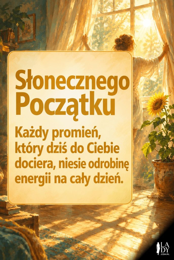 Malarska scena z promieniami słońca wpadającymi przez firankę na doniczkowy słonecznik, z życzeniami słonecznego początku dnia.