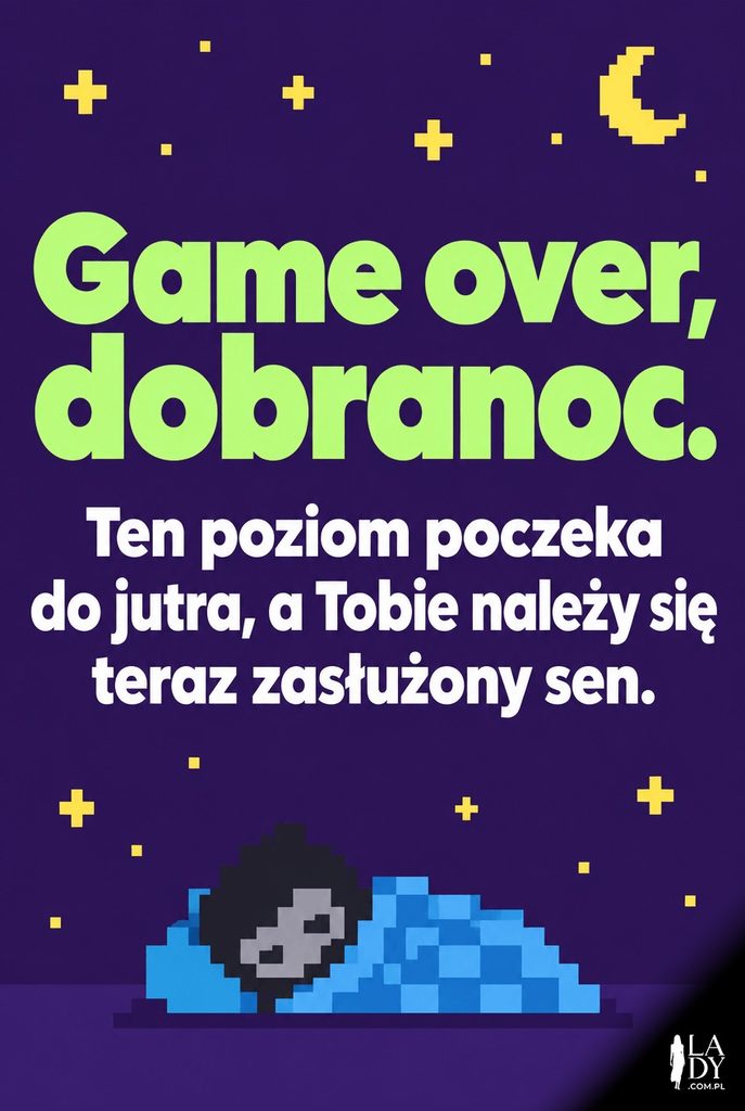 Minimalistyczna, geometryczna grafika retro z napisem „GAME OVER" i śpiącą pikselową postacią, z życzeniem „Game over, dobranoc".