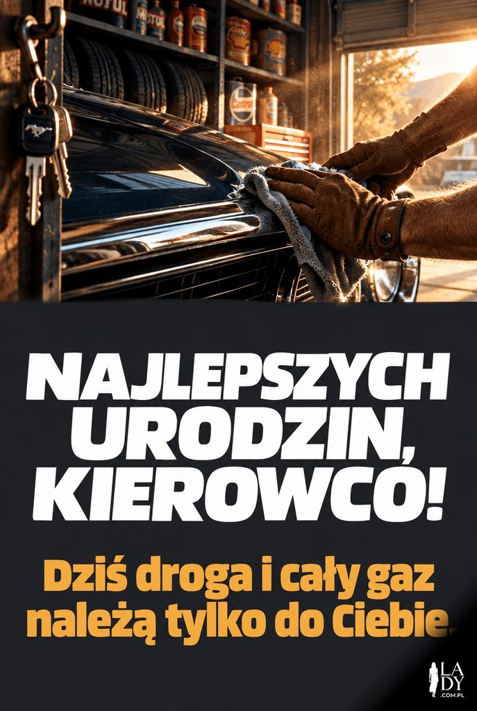 Dłonie polerujące chromowaną listwę klasycznego auta w garażu, kartka urodzinowa z życzeniami dla miłośnika motoryzacji
