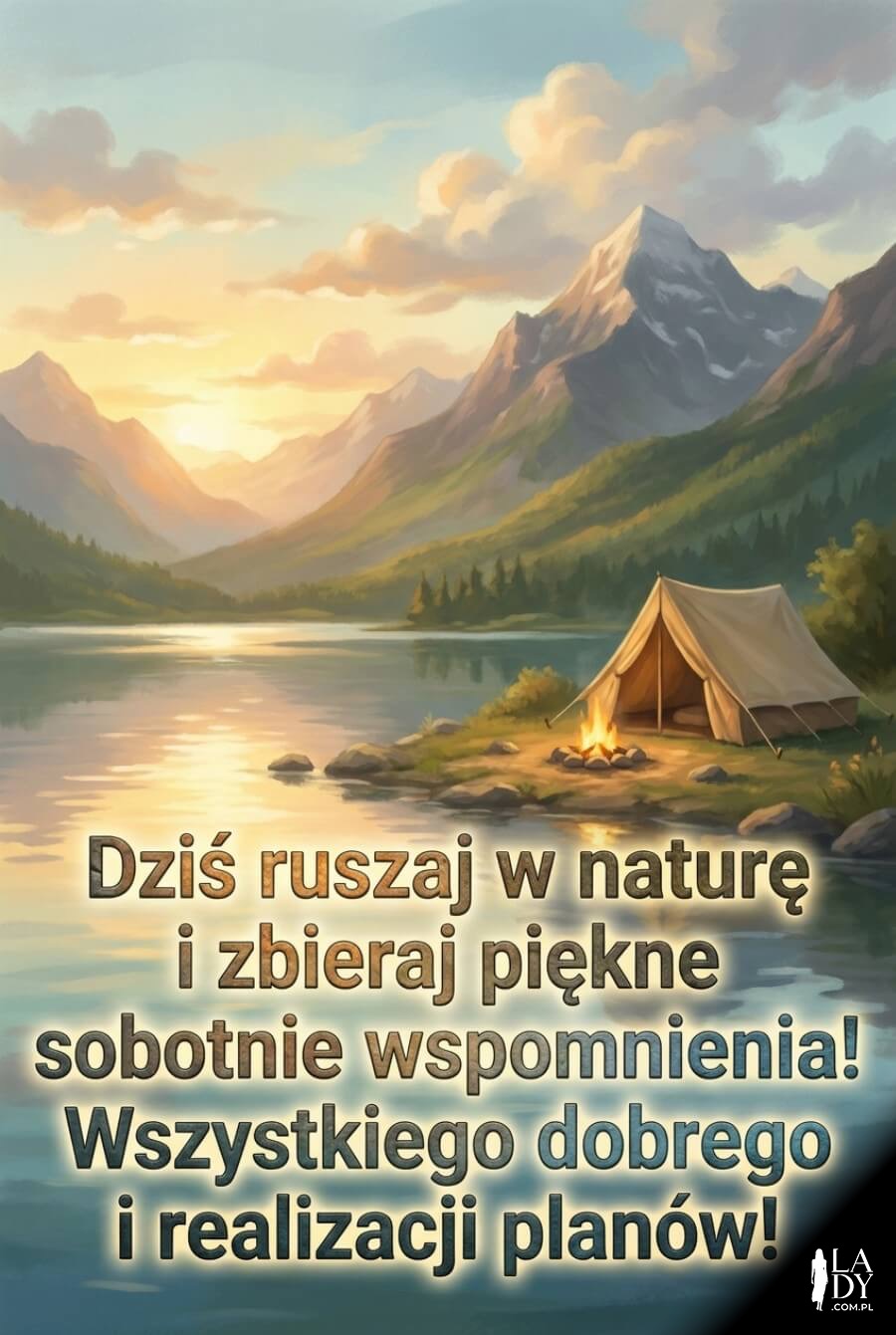 Górska kartka z jeziorem i namiotem oraz tekstem