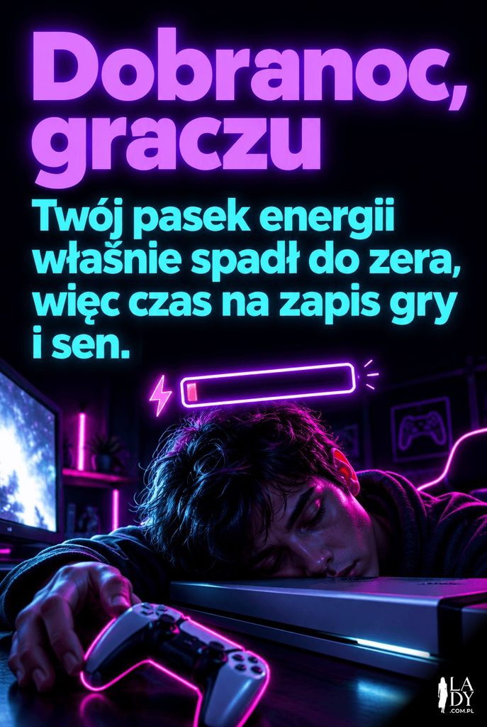 Neonowa ilustracja sennego gracza z opadającym paskiem energii nad głową, z napisem „Dobranoc, graczu".