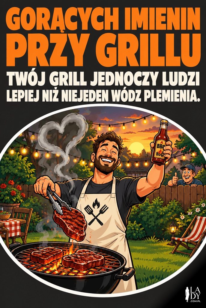 Kartka imieninowa z mężczyzną przy grillu unoszącym butelkę sosu jak trofeum