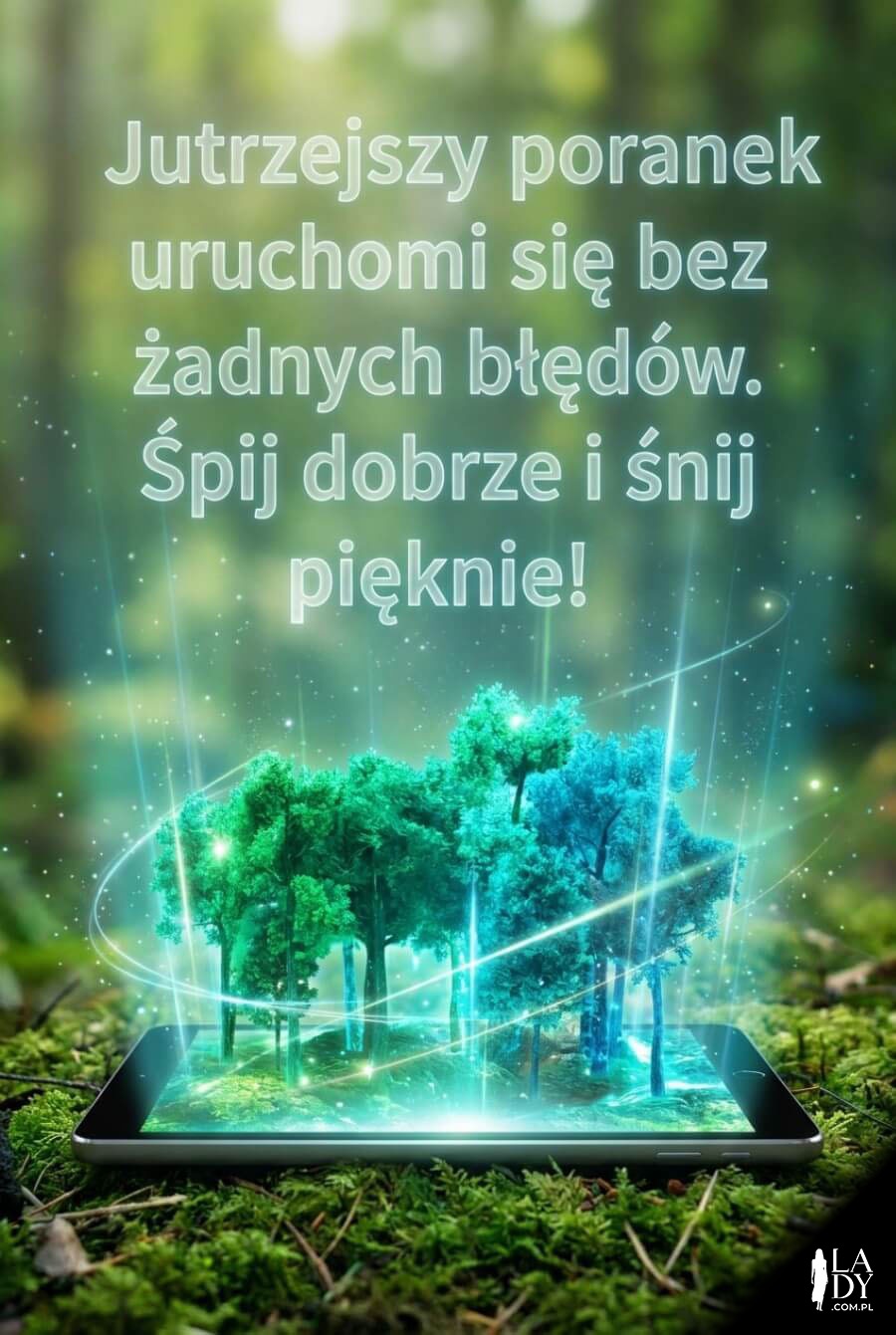 Magiczna kartka z holograficznym lasem wyrastającym z tabletu oraz życzeniami o bezbłędnych algorytmach pięknych snów.