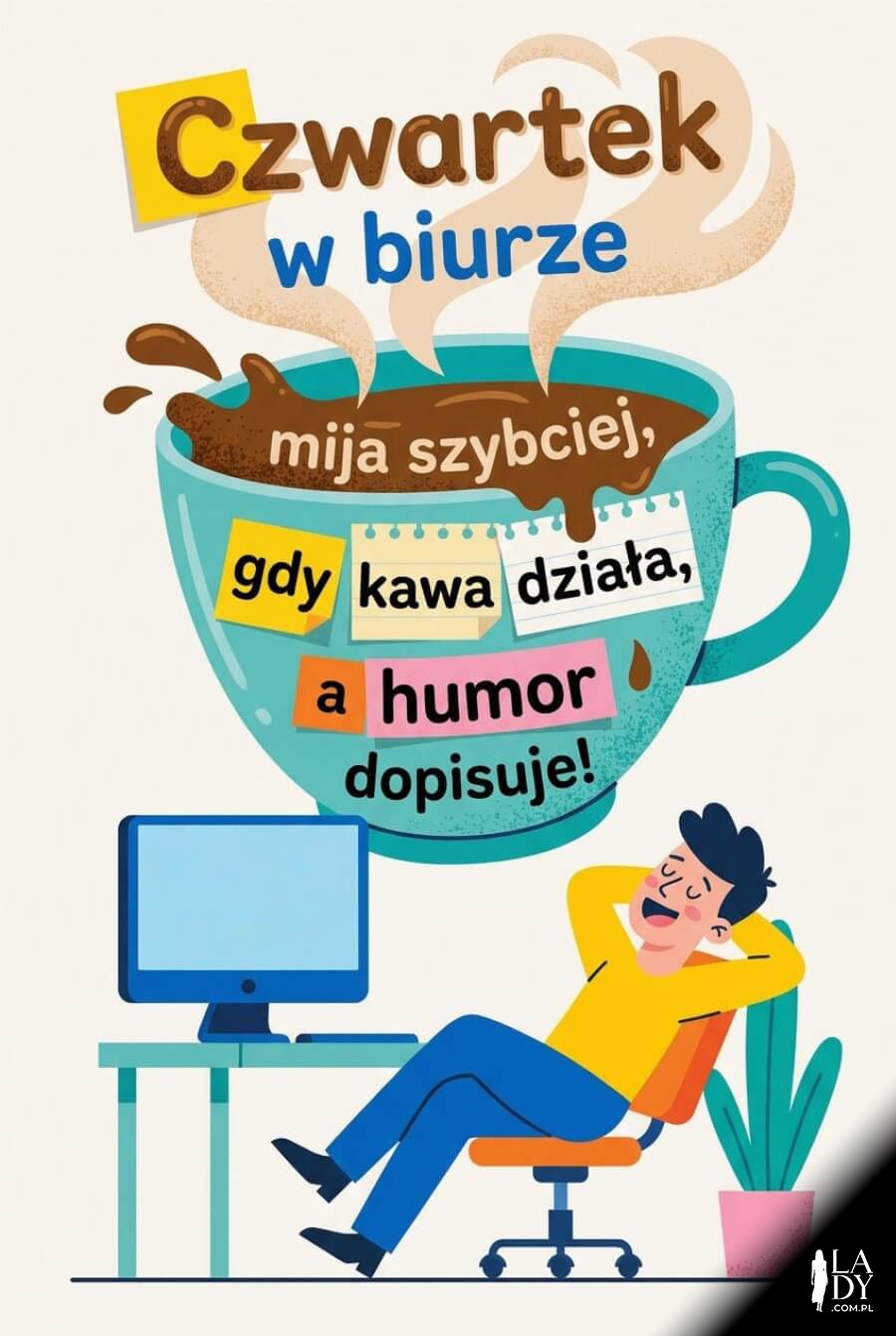 Flat design biuro z komputerem i humorystycznym czwartek mode