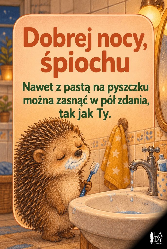 Ilustracja małego jeża, który zasnął przy myciu zębów z pianą na pysku, z napisem „Dobrej nocy, śpiochu".