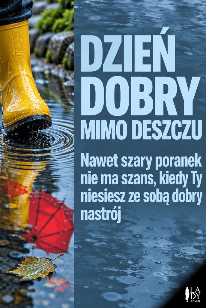 Malarska scena dłoni trzymających bukiet polnych kwiatów przy mglistej bramie ogrodowej, z dłuższym tekstem życzącym spokoju na dziś.