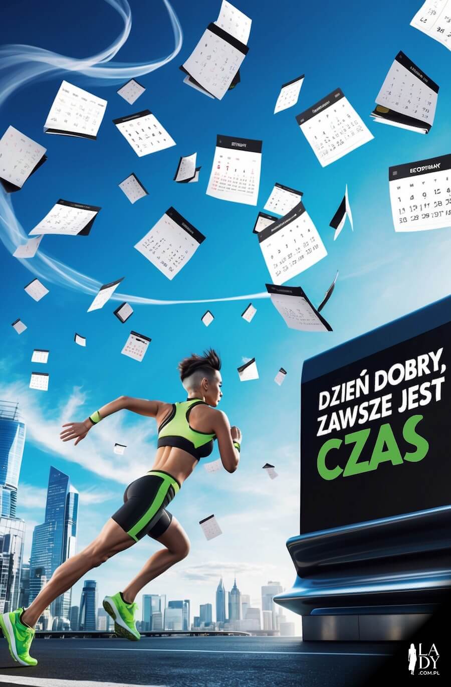 Sportowa kartka ze śmiesznym akcentem, biegaczka przemierzająca sprintem miasto, z napisem: Dzień dobry, zawsze jest czas