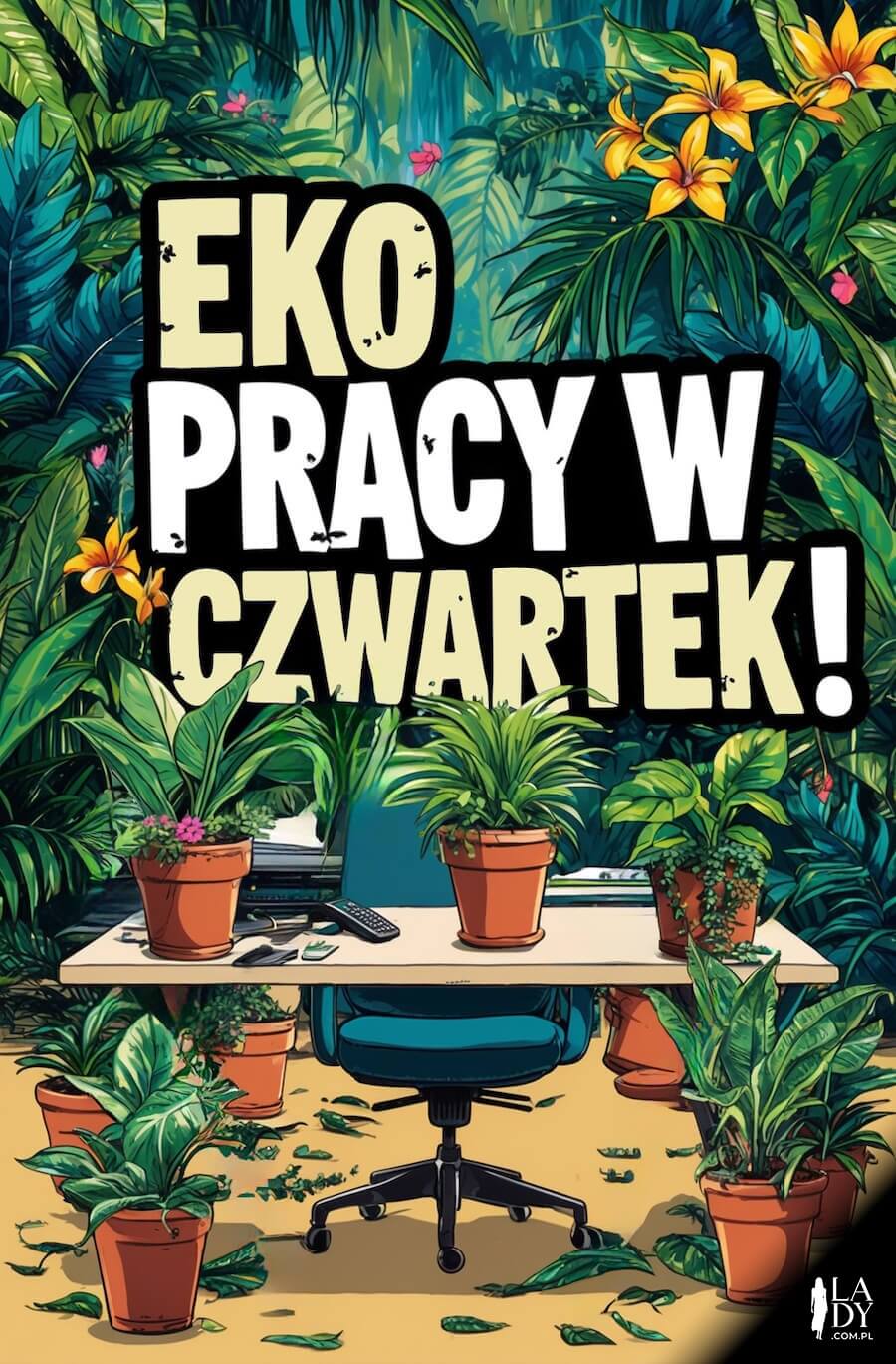 Kartka na czwartek, biurko w dżungli z kwiatami, z napisem: Eko pracy w czwartek