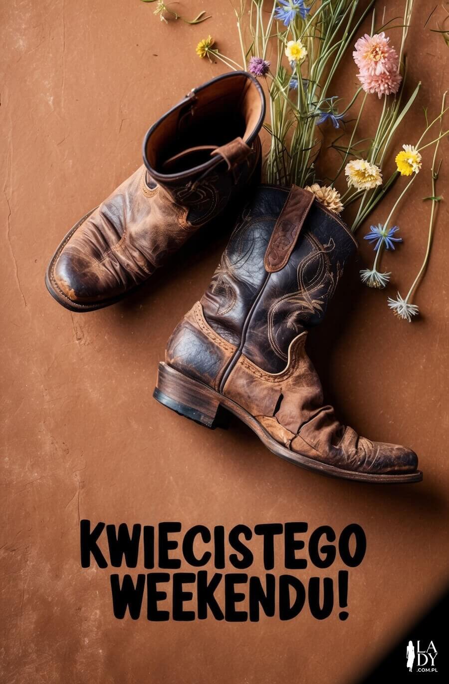Inspirująca kartka na sobotę, buty i kwiaty polne na brązowym tle, z napisem: Kwiecistego weekendu