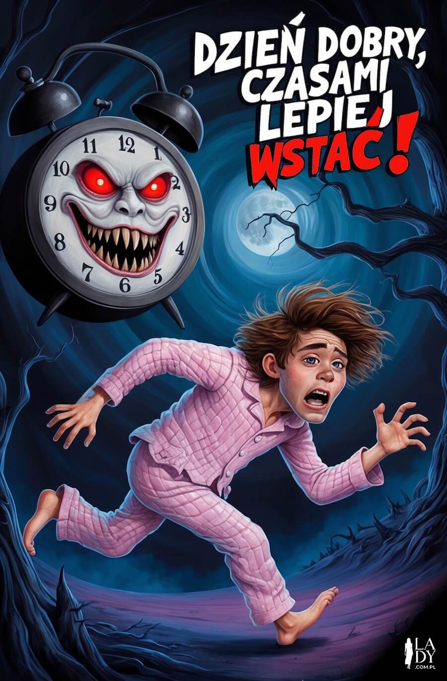 Kartka powitalna z humorem, przestraszony zaspany facet uciekający w piżamie w mrocznym lesie przed przerażającym budzikiem, z napisem: Dzień dobry, czasami lepiej wstać