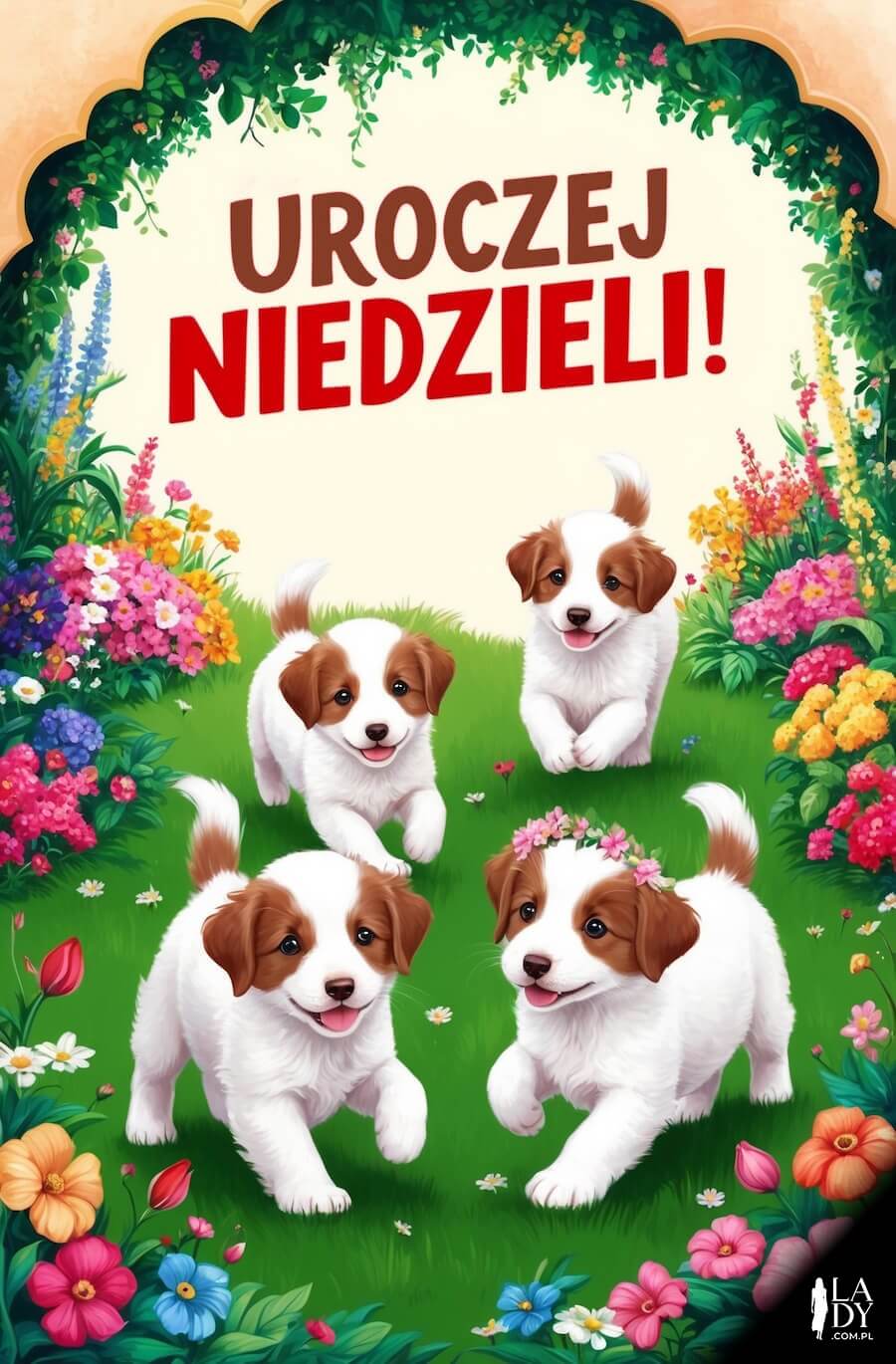 Sympatyczna, niedzielna kartka, cztery urocze pieski bawiące się w kwiecistym ogrodzie, z napisem: Uroczej niedzieli 