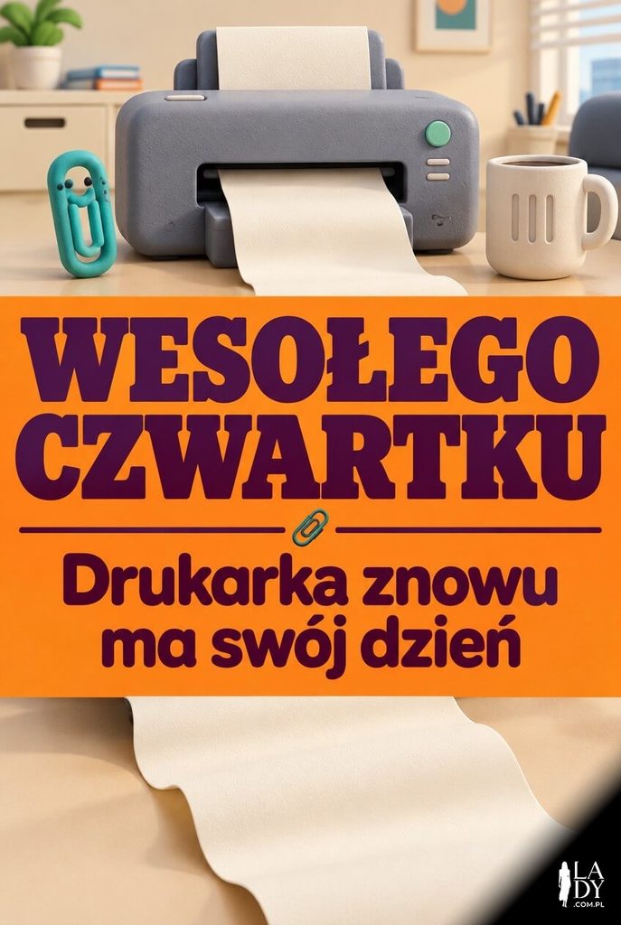 Zabawna kartka na czwartek z plastelinową drukarką i wstęgą papieru, na pomarańczowym bloku napis „Wesołego czwartku" i „Drukarka znowu ma swój dzień".