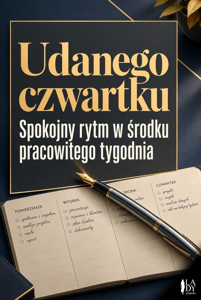 Elegancka biznesowa kartka na czwartek z metalowym piórem na notesie, na grafitowym panelu złoty napis „Udanego czwartku" i „Spokojny rytm w środku pracowitego tygodnia".