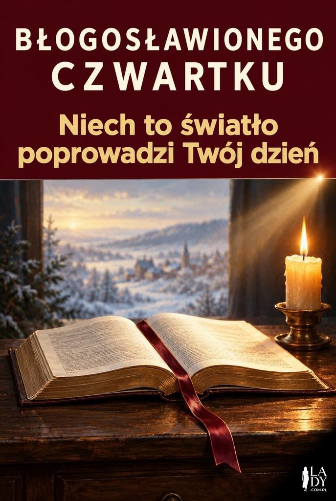 Duchowa kartka na czwartek z otwartą księgą i świecą, na bordowym tle napis „Błogosławionego czwartku" i „Niech to światło poprowadzi Twój dzień".