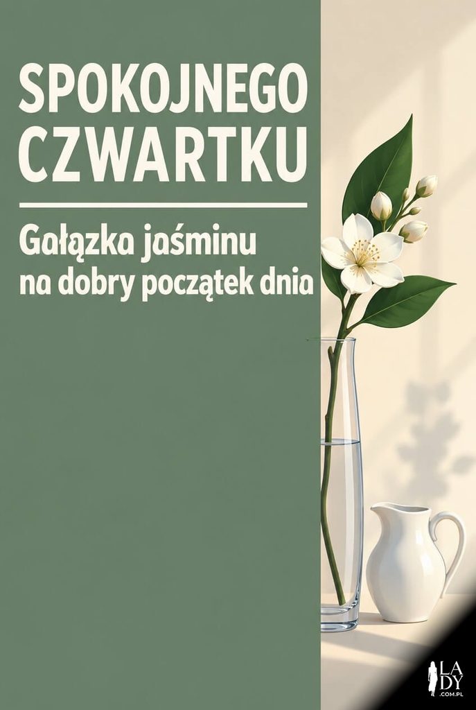Spokojna kartka na czwartek z gałązką jaśminu w wazonie, na zielonym bloku napis „Spokojnego czwartku" i „Gałązka jaśminu na dobry początek dnia".