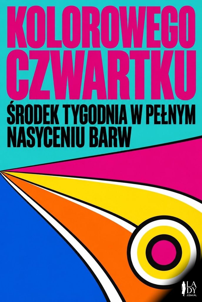Żywa kartka na czwartek z kolorowymi skośnymi falami, na turkusowym pasie napis „Kolorowego czwartku" i „Środek tygodnia w pełnym nasyceniu barw".