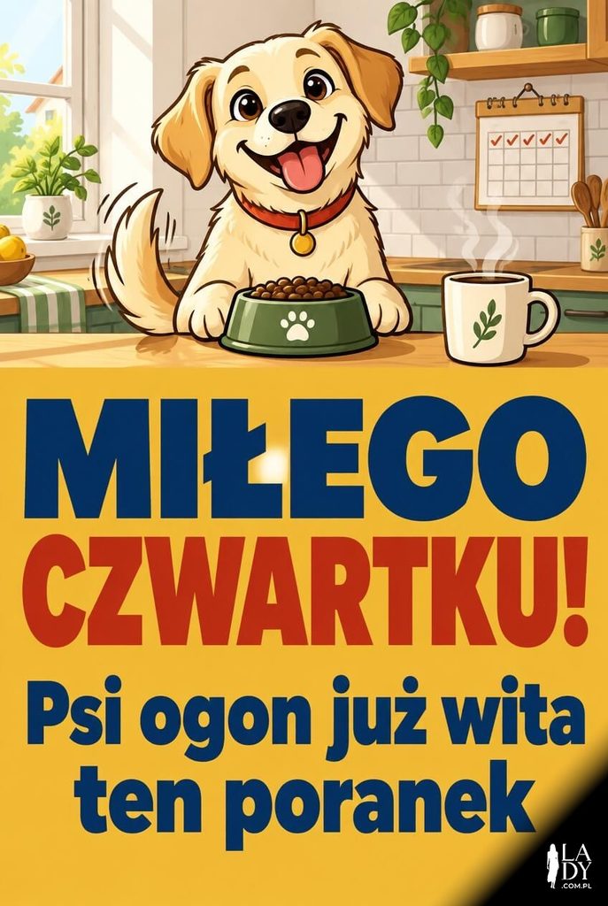 Kartka na czwartek z rysunkowym psem przy misce i kubkiem kawy, na musztardowym pasie napis „Miłego czwartku!" i „Psi ogon już wita ten poranek".