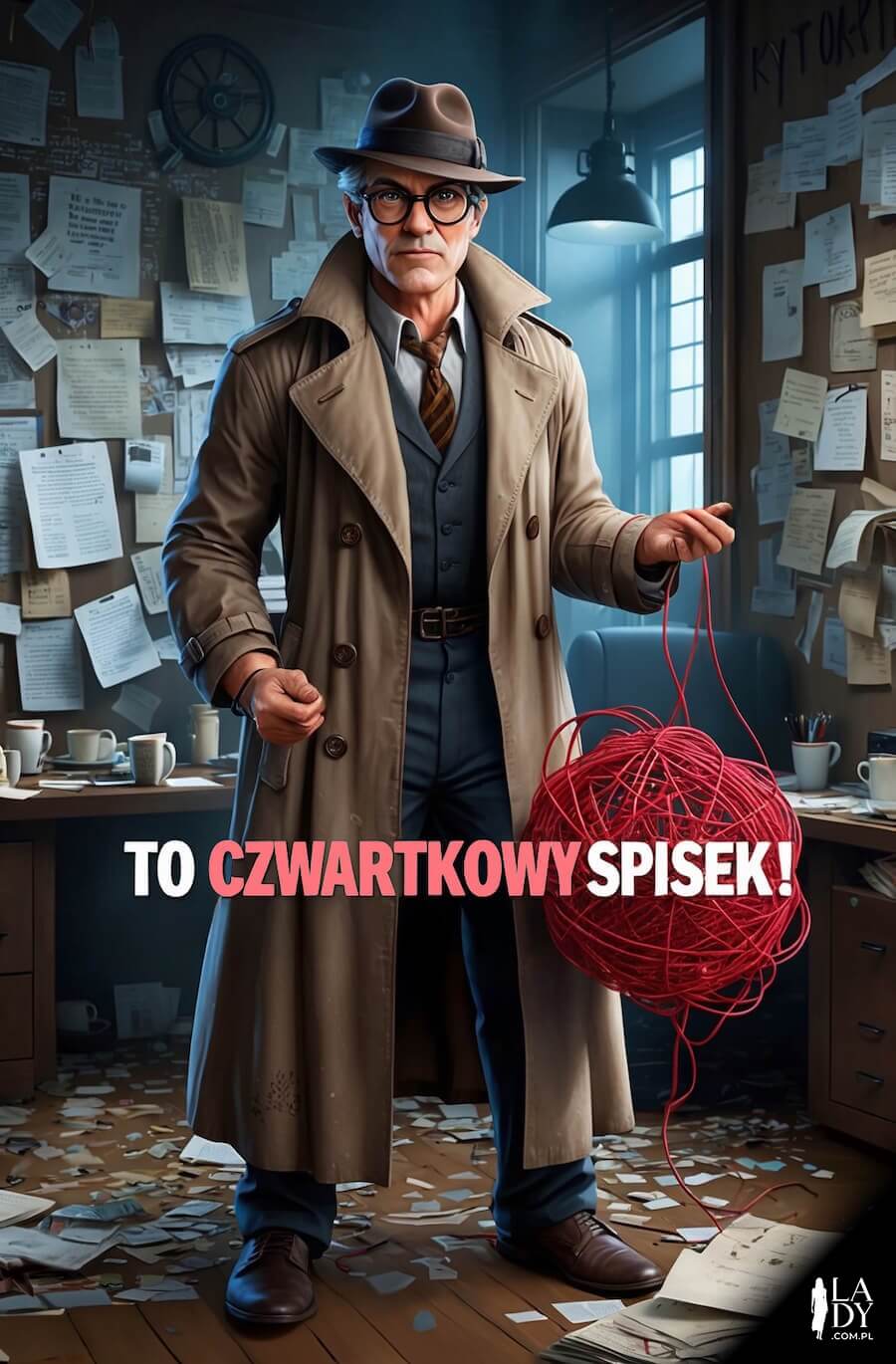 Zabawna budząca niepokój kartka na rozpoczęcie dnia, detektyw trzymający czerwoną włóczkę w swoim biurze, z napisem: To czwartkowy spisek