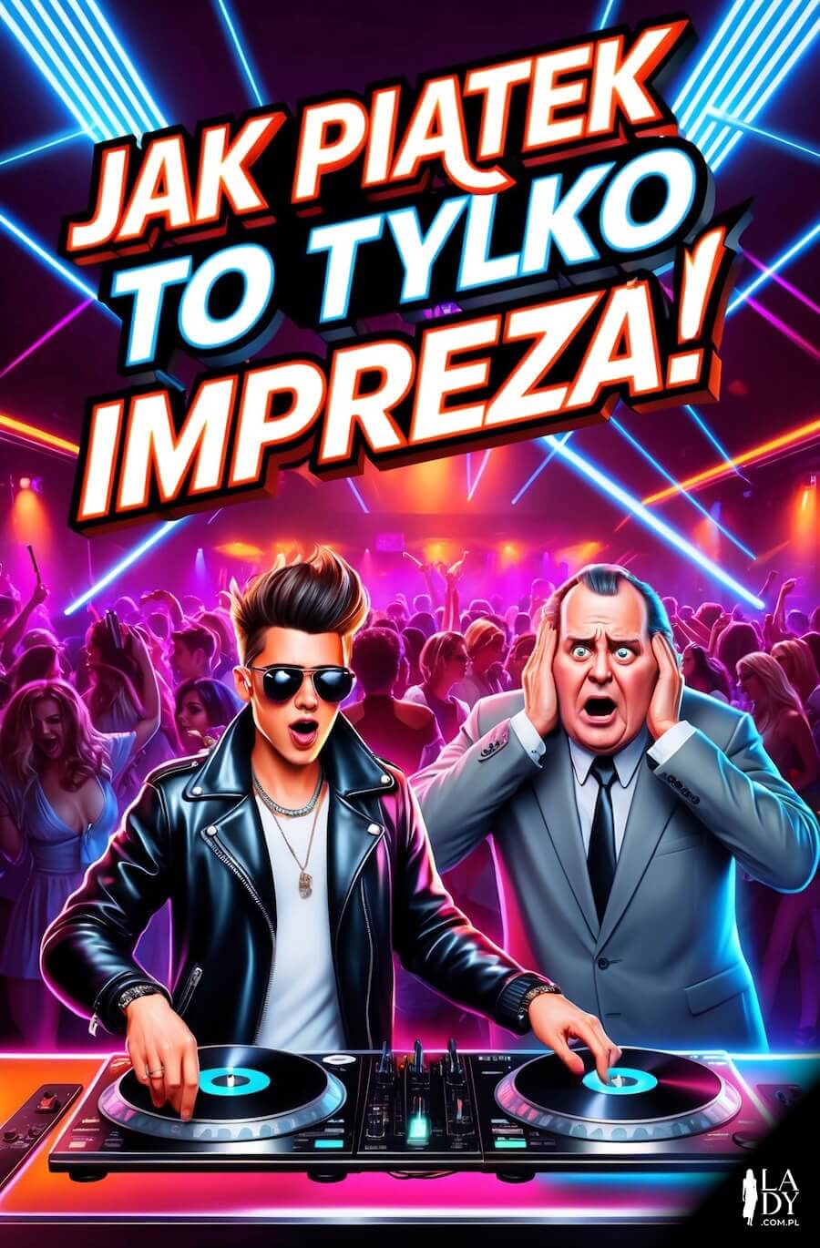 Zabawna ilustracja na piątek, dj w skórzanej kurtce prowadzący imprezę za konsoletą w dyskotece, z napisem: Jak piątek to tylko impreza